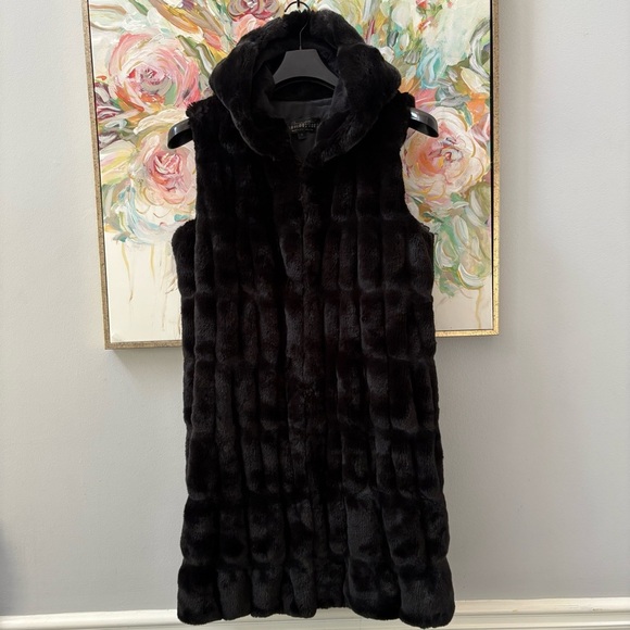 Donna Salyers Fabulous Furs Black Faux Fur Hooded Vest M 21x38 Luxury - Picture 2 of 12